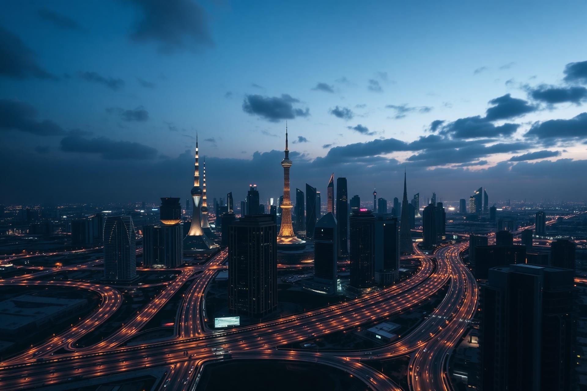 Riyadh skyline at blue hour with light trails